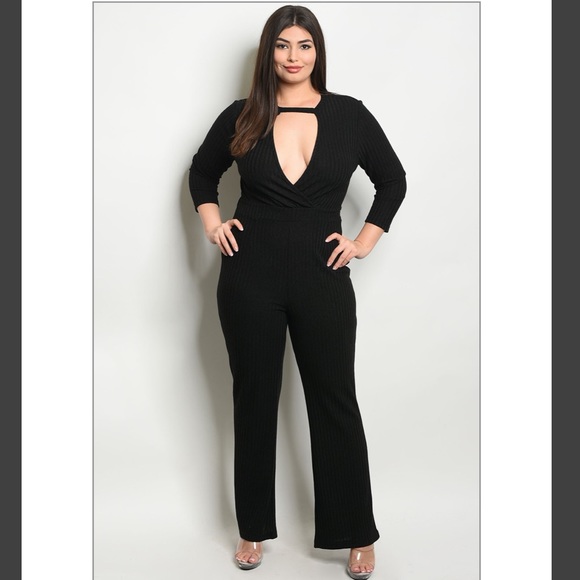 Pants - Plus Size Black Ribbed Knit Choker Jumpsuit